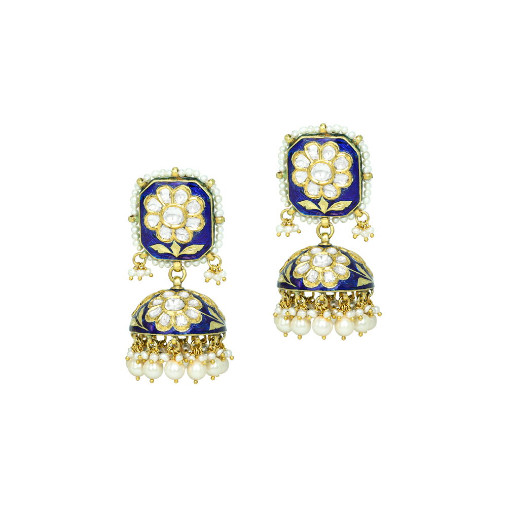Blue Meena Polki Floral Jhumkas with Pearls